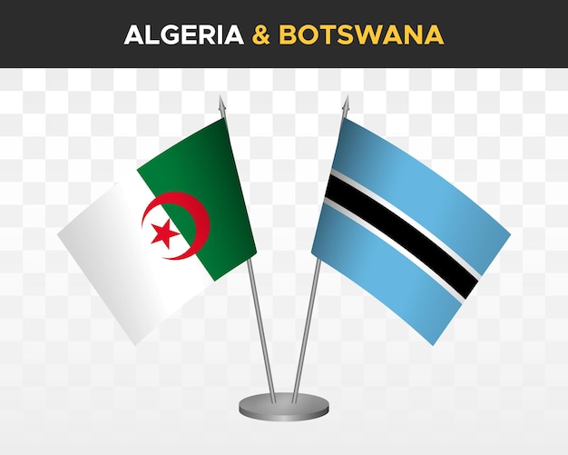 Algerije en botswana bureau vlaggen mockup geïsoleerd op witte 3d vector illustratie tafel vlaggen