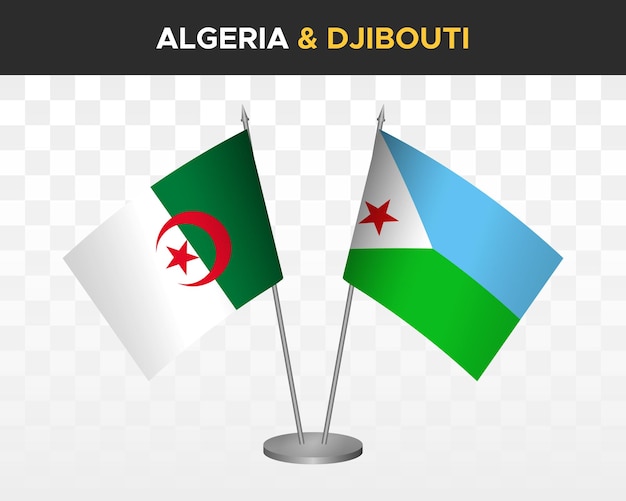 Algerije en Djibouti bureau vlaggen mockup geïsoleerd op witte 3d vector illustratie tafel vlaggen