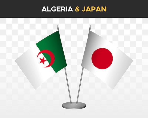 Algerije en Japan bureau vlaggen mockup geïsoleerd op witte 3d vector illustratie tafel vlaggen