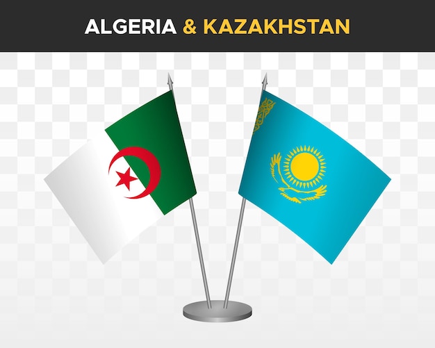 Algerije en Kazachstan bureauvlaggen mockup geïsoleerd op witte 3d vector illustratie tafelvlaggen