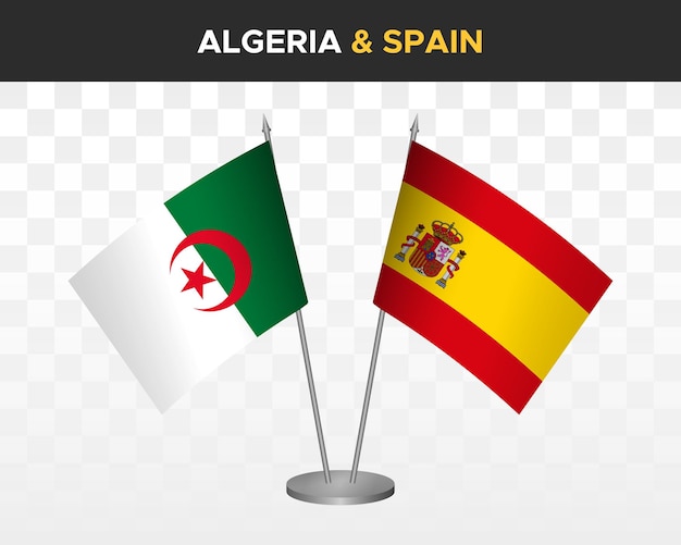 Algerije en Spanje bureau vlaggen mockup geïsoleerd op wit 3d vector illustratie tafel vlaggen