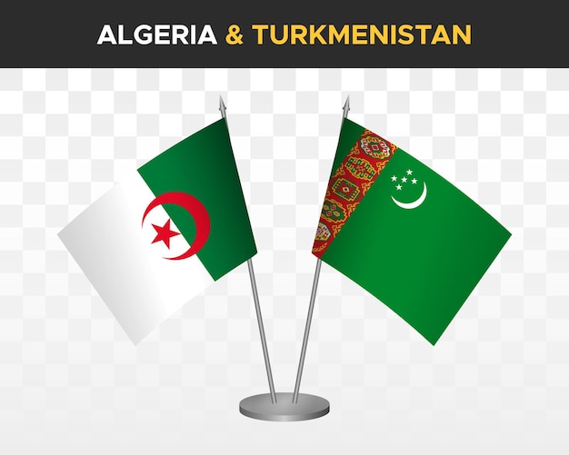 Algerije en Turkmenistan Bureau vlaggen mockup geïsoleerd op witte 3d vector illustratie tafel vlaggen