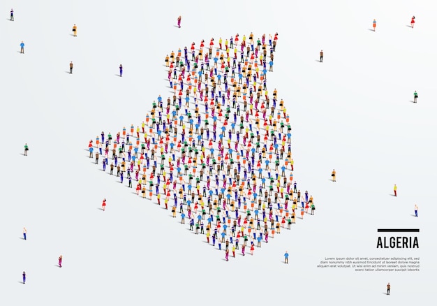 Algerije kaart. Grote groep mensen vormen om een vorm van de kaart van Algerije te maken. vectorillustratie.