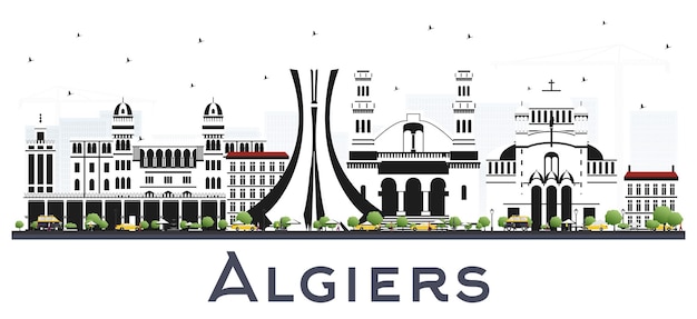 白いベクトル図に分離された灰色の建物とアルジェアルジェリア市のスカイライン近代建築とビジネス旅行と観光の概念ランドマークとアルジェの街並み