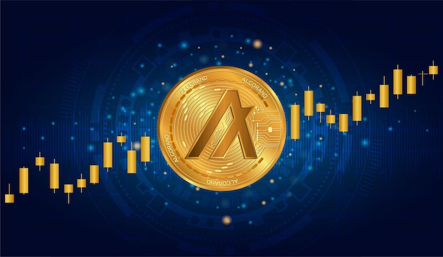 Algo algorand gold coin vector with crypto currency dark blue graph.Digital money exchange concept.