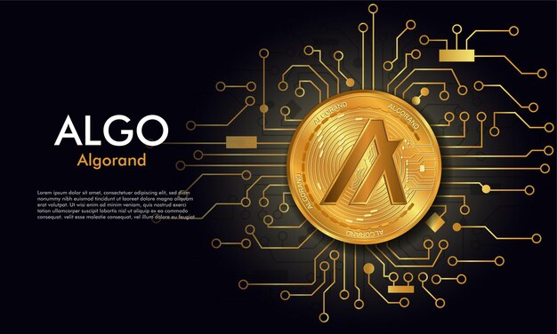 Algorand Algo gold coinblack background with circuit boardAlgorand token cyptocurrency