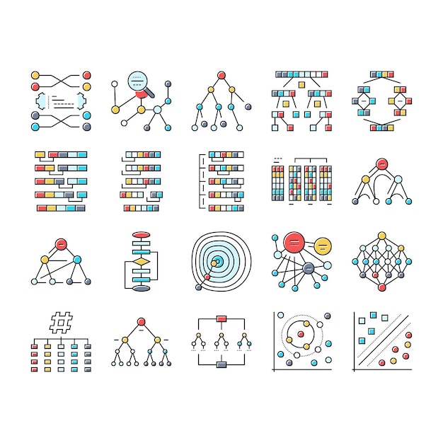 algorithm data technology ai icons set vector