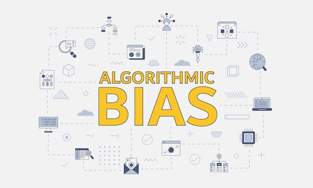 Concetto di bias algoritmico con set di icone con parola grande o testo al centro