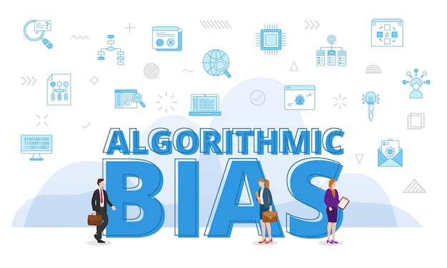 Algoritmisch bias-concept met grote woorden en mensen omringd door verwante pictogrammen die zich verspreiden met moderne blauwe kleurstijl
