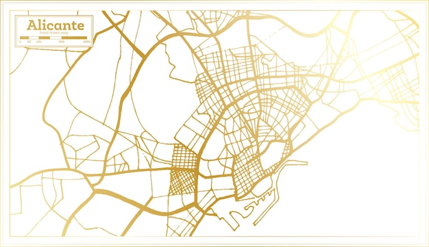 Alicante Spain City Map in Retro Style in Golden Color Outline Map