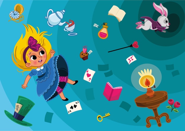 Alice character falls into the rabbit hole Illustration of an Alice in Wonderland background