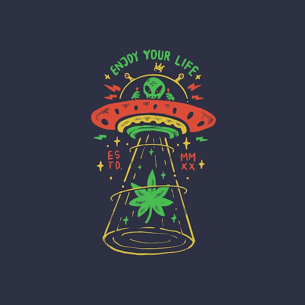 Vector alien abduct the leaf colorful vintage style illustration