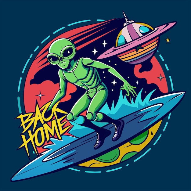 Alien Alien sufferting on water with ufo back to home text tshirt sticker desgin