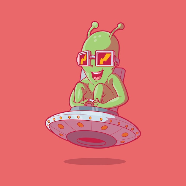 Vector alien character flying a spaceship vector illustration. space, sci-fi, funny design concept.