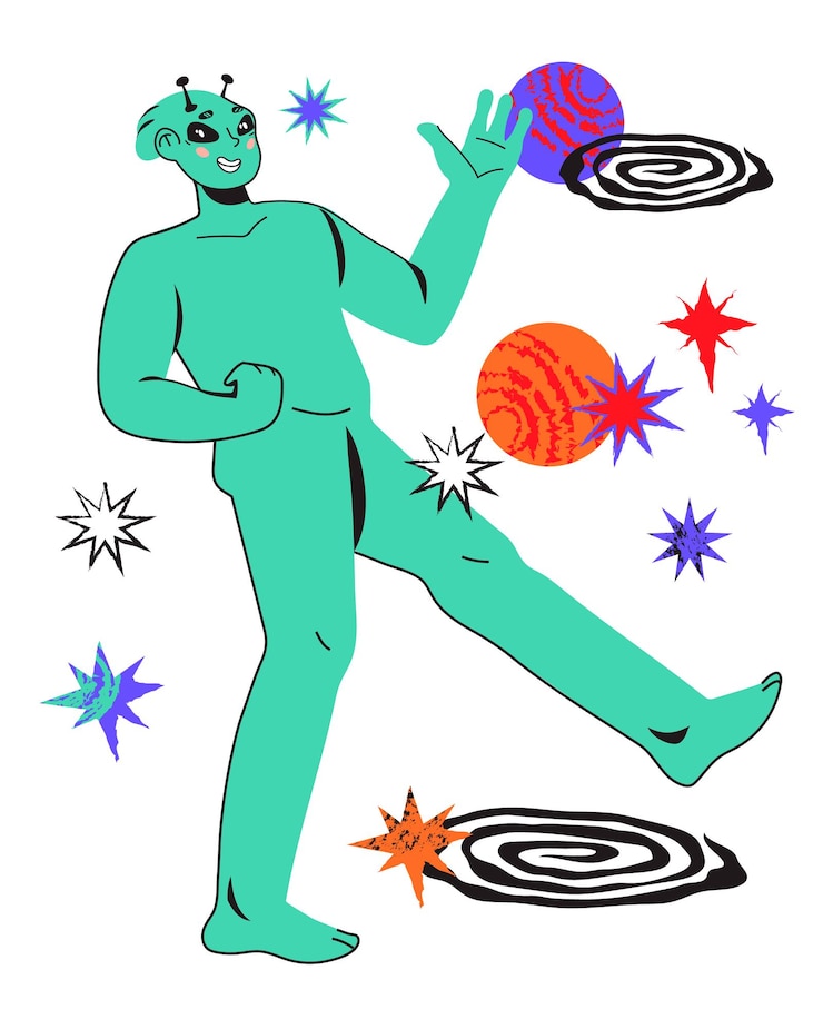 Vector alien character walking among stars space fantasy alien visitor from another planet or galactic
