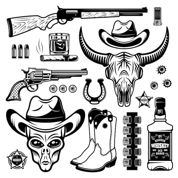 Cowboy alieno e diversi elementi occidentali insieme di oggetti vettoriali in bianco e nero in stile vintage isolato illustrazione