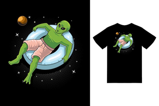 Alien drijvend op ruimte donut ballon illustratie met tshirt ontwerp premium vector