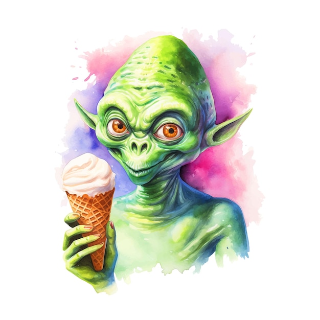 Alien eating ice cream watercolor paint