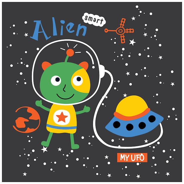 alien en ufo grappige cartoon, vector illustratie