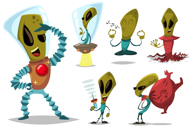 Alien en UFO vector cartoon set.