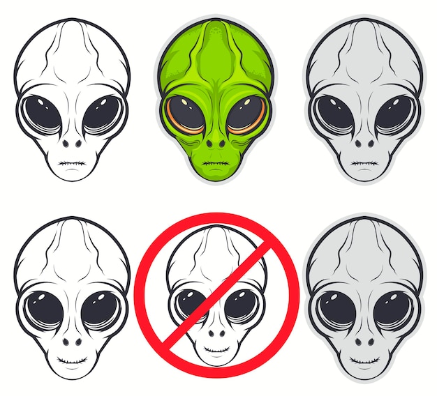 Alien face cartoon. green big eye extraterrestrial humanoid head. vector