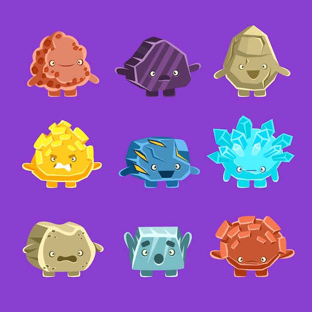 Personaggi alieni del golem fantastico di diverse rocce umanizzate con set di facce amichevoli emoji