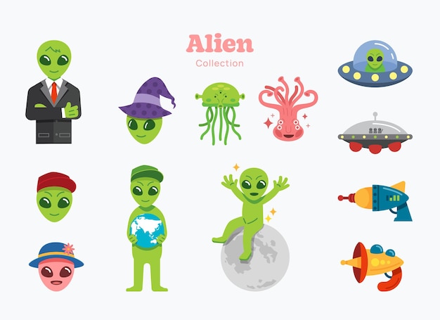 Vector alien flat set groene buitenaardse elementen symbolen en objecten collectie vectorillustratie