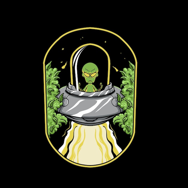 Alien fly ufo in a marijuana filed illustration