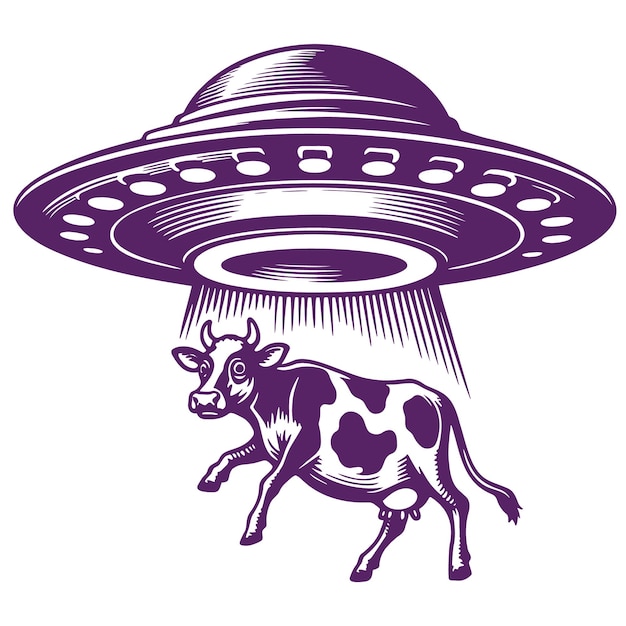 Vector an alien flying saucer abducts an earthly cow by capturing it with a beam from the ship vector stenc