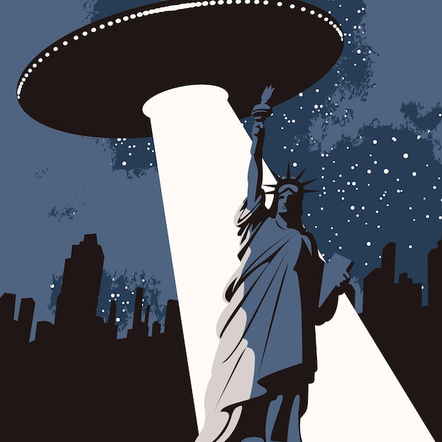 Вектор Атака инопланетной летающей тарелки на статую свободы в нью-йорке