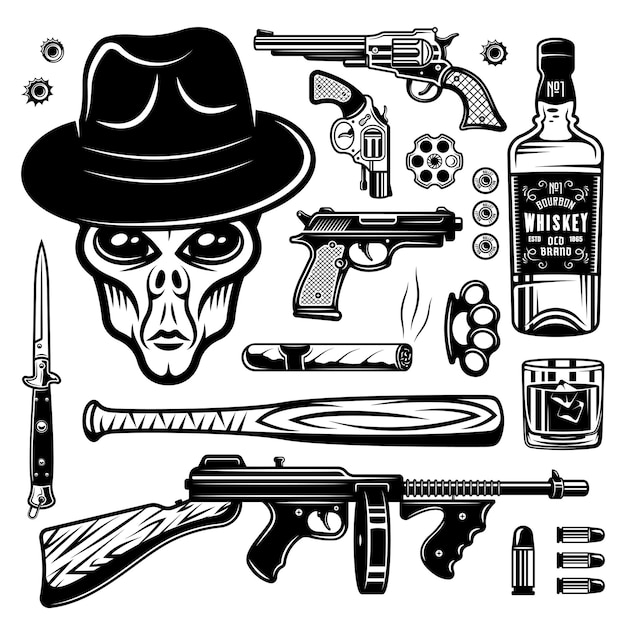 Alien gangster and weapons set of monochrome vintage objects design elements isolated on white background vector illustration