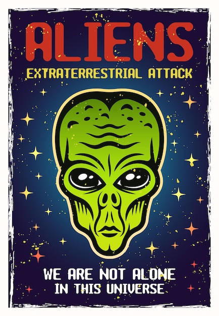 Vector alien green head colored poster with textures and sample text on separate layers. vector illustration