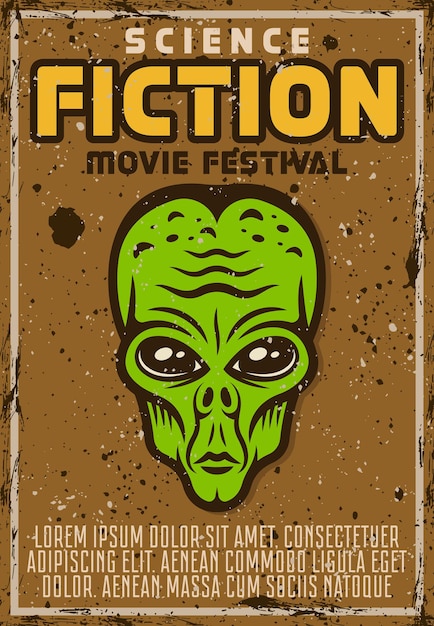 Vettore poster vettoriale con testa verde aliena per festival di film di fantascienza in stile vintage texture e testo grunge separati a strati