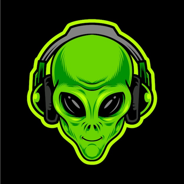 Vector alien green head with headphones.