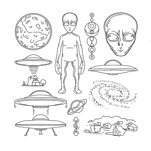 Vector alien hand drawn doodle illustrations vector set