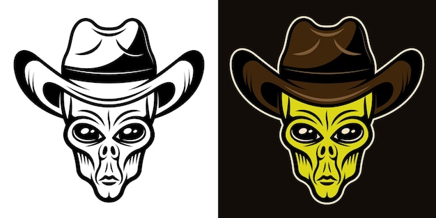 Alien head in cowboy hat vector illustration in two styles black on white and colorful on dark background