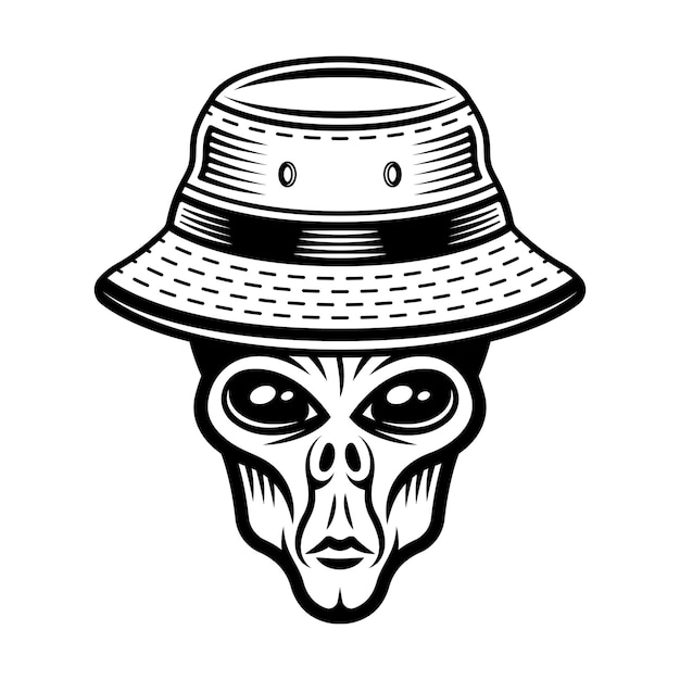 Вектор Инопланетная голова в шляпе-ведре векторная иллюстрация в винтажном монохромном стиле на белом фоне