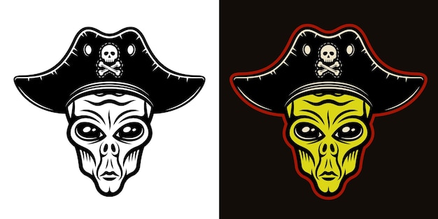 Testa aliena in cappello da pirata illustrazione vettoriale in due stili nero su bianco e colorato su sfondo scuro