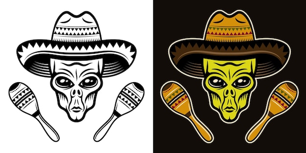 Alien head in sombrero and two maracas vector illustration in two styles black on white and colorful on dark background