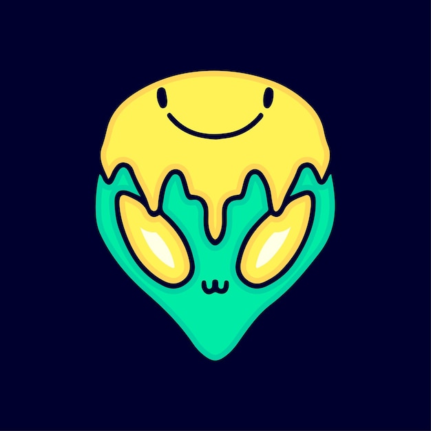 Alien head with melted emoji face cartoon, illustration for t-shirt, sticker.