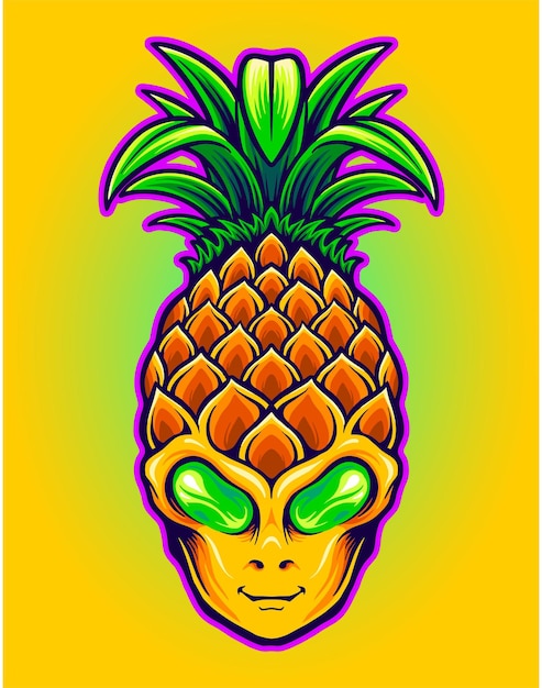 Vector alien head with pineapple fruit illustrations