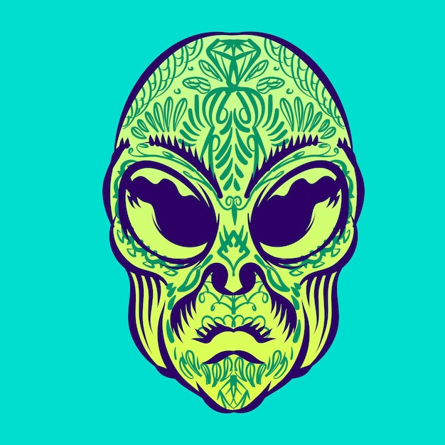 Alien head with tattoo illustration for logo badge element character