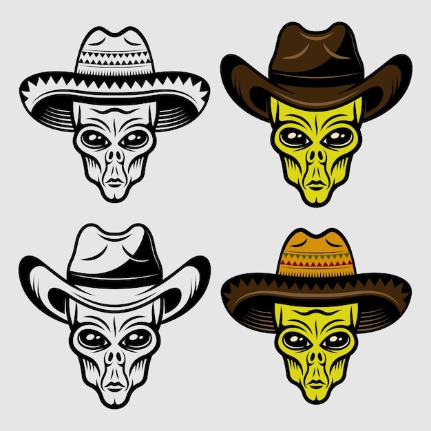 Чужие головы в сомбреро и ковбойской шляпе набор векторных объектов или элементов дизайна это два стиля черный и красочный