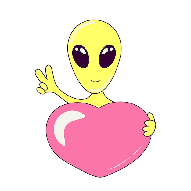 Alien Holding Heart and Showing Peace Gesture