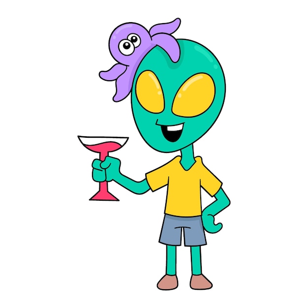 Инопланетянин держит бокал вина каракули значок изображение кавайи