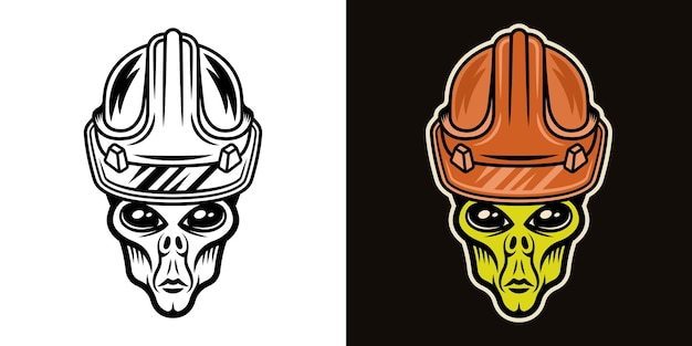 Alien in werknemer harde hoed vectorillustratie in twee stijlen zwart op wit en kleurrijk op donkere background