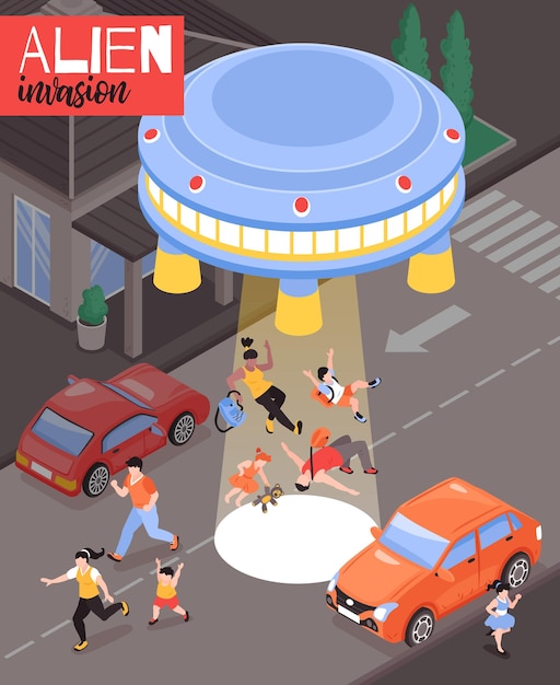 Alien invasion illustration with frightened people and flying saucer landed on city roadway