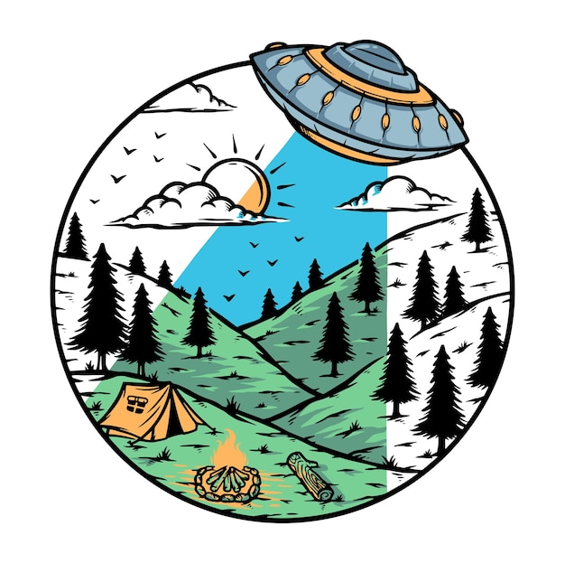 Alien invasion on the mountain illustration