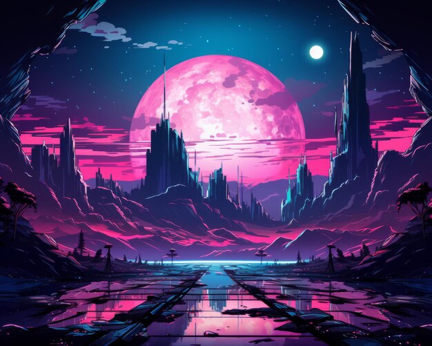 Un paesaggio alieno con una luna rosa sullo sfondo