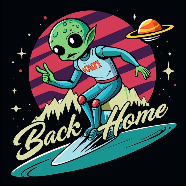 Vector alien lijdt op water met ufo terug naar huis tekst t-shirt sticker desgin